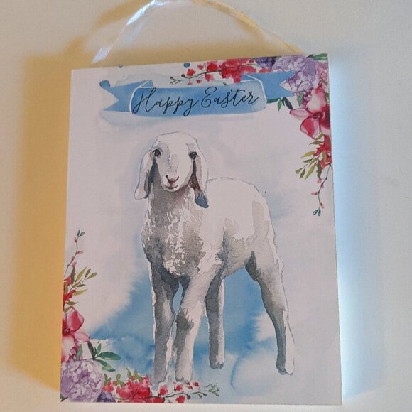 NWT Sweet Lamb 'Happy Easter' Sign Farmhouse Spring Home Decor Floral Watercolor - Picture 1 of 4